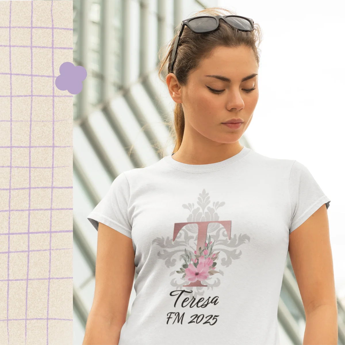 Camiseta fallera Damasco FM y FMI Personalizada mujer y niña "inicial+ Nombre" - Imagen 2