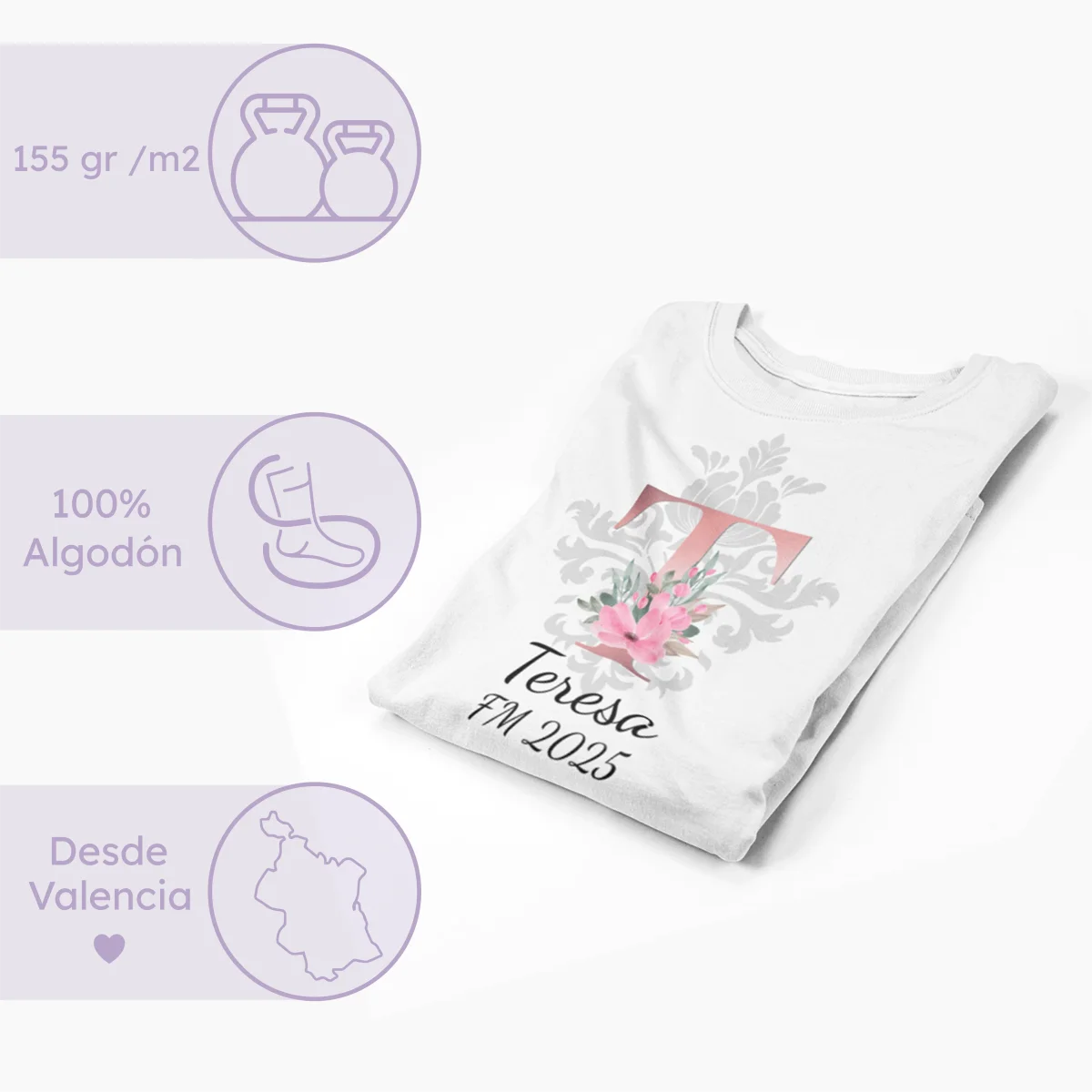 Camiseta fallera Damasco FM y FMI Personalizada mujer y niña "inicial+ Nombre" - Imagen 3